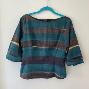 Lavia 18 Teal Brown Striped Boatneck Blouse Button Back IT‎ 44 3/4 Sleeve Top